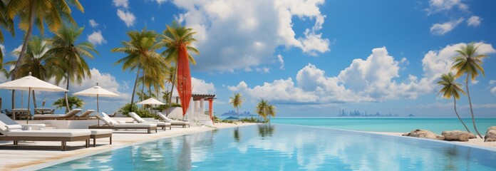 Beachside paradise: a lavish resort with pool, beach chairs, and umbrellas