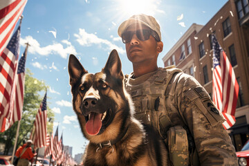 A male soldier in a military uniform stands with a guard, a working dog outdoors on a sunny day, with American flags in the background on the city street, decorated in honor of Remembrance Day