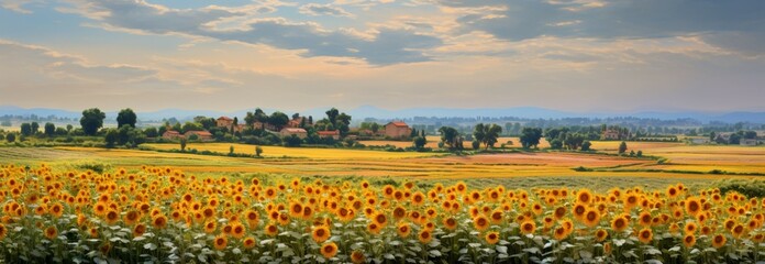 Fields of sunflowers surrounding a picturesque village, epitomizing the summer countryside