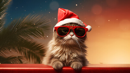 a cat that is wearing a red hat - obrazy, fototapety, plakaty