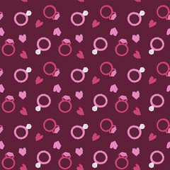 Seamless pattern with Diamond Rings and hearts. Decor for a wedding or Valentines Day. Festive pattern for fabric, wrapping paper, clothing. Vector illustration.