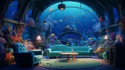 a room inspired by undersea adventures with ocean-blue walls and seashell decor