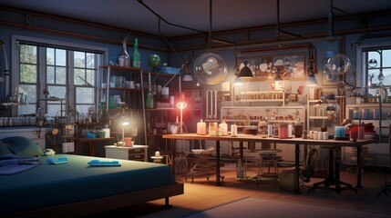 a science laboratory-themed bedroom with beakers, test tubes, and lab equipment
