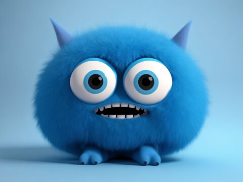 Cute blue monster 3D cartoon character. Generative Ai.