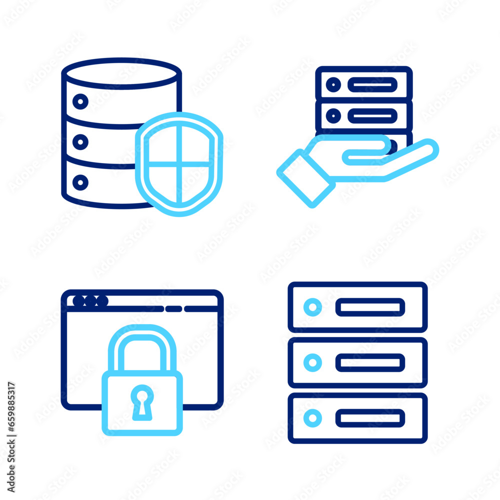 Poster set line server, data, web hosting, secure your site with https, ssl, and shield icon. vector