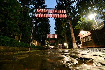 仙台の夜の雨の八幡宮の鳥居