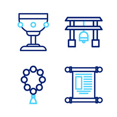 Set line Decree, paper, parchment, scroll, Rosary beads religion, Japan Gate and Christian chalice icon. Vector