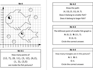 Coordinate plane learning quiz questions set 4. Two-page activity set. Educational math puzzles. No-prep, fun, engaging. Black and white, printable and photocopiable.
