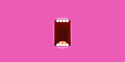 Vector Cartoon wide open mouth isolated on pink background. Funny and cute Halloween Monster open mouth with big white teeth and pink tongue