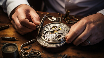 Timeless Expertise: The Elderly Watchmaker's Specialty in Restoring Vintage Pocket Watches - obrazy, fototapety, plakaty