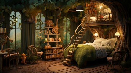a wilderness-themed room with a treehouse bed and forest-inspired decor