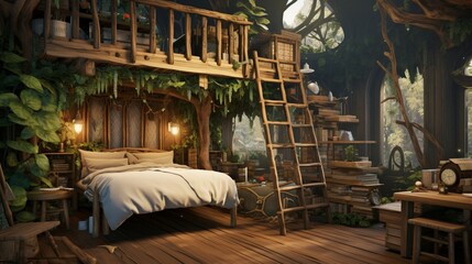 a wilderness-themed room with a treehouse bed and forest-inspired decor