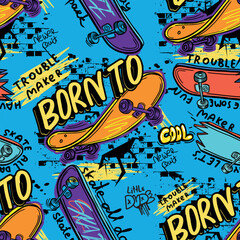 skateboard seamless pattern. Seamless bright abstract pattern with skateboard. Prints for T-shirts, textiles, clothes, sports, and more