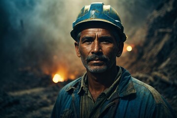 Fototapeta premium Portrait of a miner, strong and resilient, with skilled hands that reflect blue-collar labor. Generative Ai.