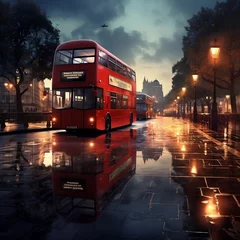 Poster Double-decker bus flooded road city © Mstluna