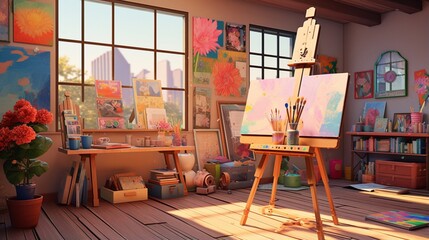 Decorate a room fit for a young artist with an art station, colorful canvases, and a gallery wall
