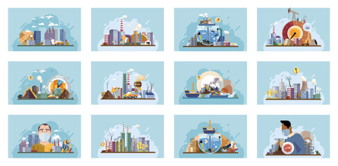 Industrial pollution. Dirty waste. Environmental pollution. Vector illustration. Trash emission is contributing to environmental pollution Dirty waste from factories is polluting our water sources
