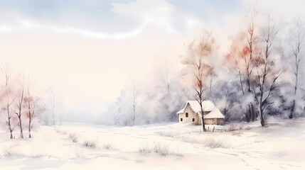 Winter landscape with house and trees in the fog