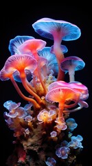 Fungus mycelium in neon colors. Fantasy Mushrooms on black background