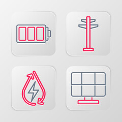 Set line Solar energy panel, Water, Electric tower and Battery icon. Vector