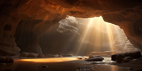 AI Generated. AI Generative. Old deep cave under earth witn sun ray light from above. Graphic Art