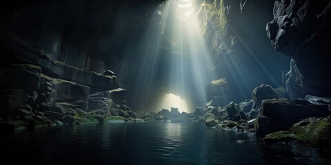 AI Generated. AI Generative. Old deep cave under earth witn sun ray light from above. Adventure exploration vibe - obrazy, fototapety, plakaty