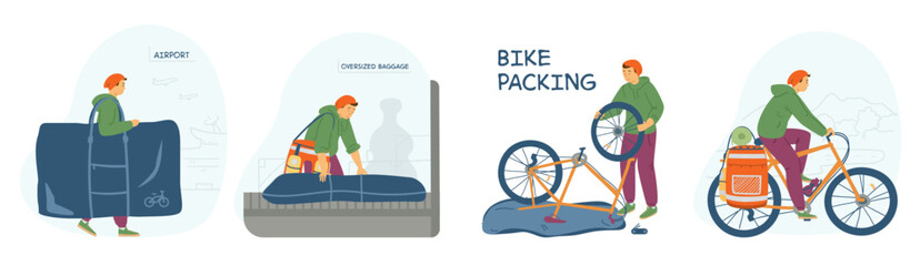 Travelling by bike flat vector illustrations set.  Scenes of young man with bicycle in airport and after arrival.