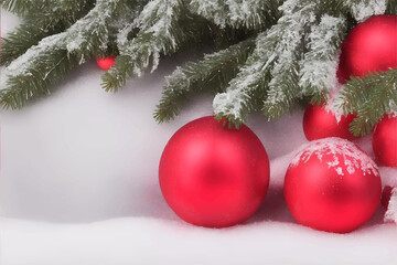 Fototapeta na wymiar Christmas and new year holidays concept. Red balls on fir branches, winter snowy backdrop