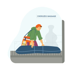 Young man with bicycle packed in a bag in airport checks in luggage lat vector illustration. Travelling by bike.