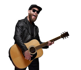 Guitar player singing. Hipster guitar player with beard and black clothes playing the acoustic guitar over transparent png background - 659887159