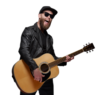 Guitar player singing. Hipster guitar player with beard and black clothes playing the acoustic guitar over transparent png background