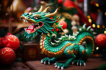 Fototapeta premium Chinese dragon statue on wooden table, close-up. Festive background. Selective Focus.