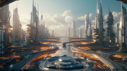 Transform the space into a futuristic cityscape with skyscrapers and flying cars