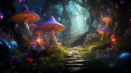 Transform the space into a magical forest with fairies, elves, and glowing mushrooms