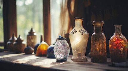 Fototapeta na wymiar Rural rustic interior cottage with hand blown glass and fired clay ceramic vases in imperfect shapes and various sizes near a wooden frame window, illuminated with warm sunshine, traditional homely. 