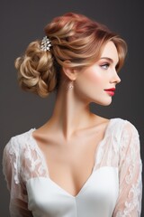 The bride's complex updo hairstyle in close-up