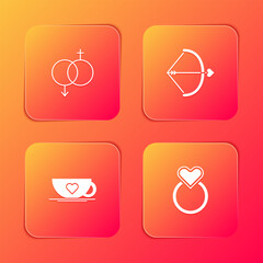 Set Gender, Bow and arrow, Coffee cup heart and Wedding rings icon. Vector