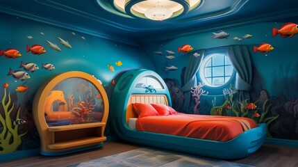 under-the-sea adventure room with colorful coral, fish, and a submarine bed