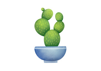 Watercolor clipart green Mexican Cacti isolated on transparent background for stickers, greeting cards, scrapbooking. Cute Indoor plants, succulents in clay pots