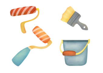 cutout Professional Tools set for painting walls, home renovation. Watercolor clipart collection illustration of paint roller isolated on transparent background. Painting and decorating