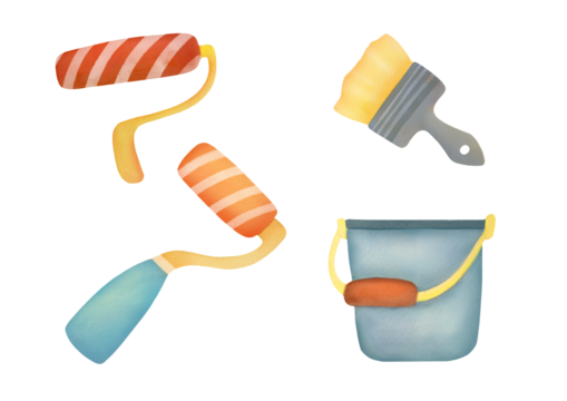 cutout Professional Tools set for painting walls, home renovation. Watercolor clipart collection illustration of paint roller isolated on transparent background. Painting and decorating