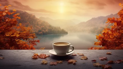 Zelfklevend Fotobehang a cup of hot on the background of a blurry autumn landscape © kichigin19