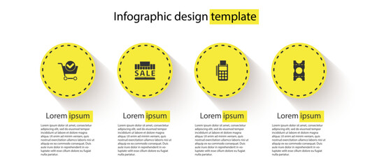 Set Shopping cart with check mark, building and sale, POS terminal credit card and Coupon. Business infographic template. Vector