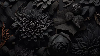 Fotobehang black flowers ornament on dark background gothic style © kichigin19