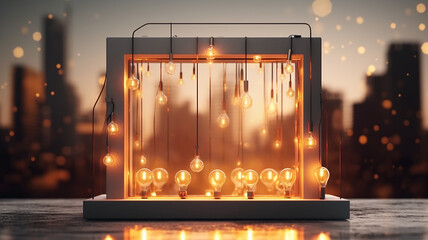 arch glowing autumn rectangular frame with light bulbs and garlands entrance, invitation frame in misty autumn mood halloween