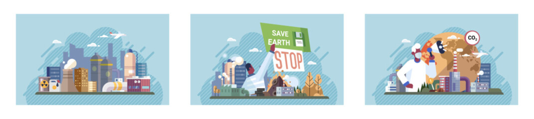 Naklejka premium Industrial pollution. Dirty waste. Environmental pollution. Vector illustration. Environmental pollution cbe tackled with sustainable practices Dirty waste must be processed using environmentally