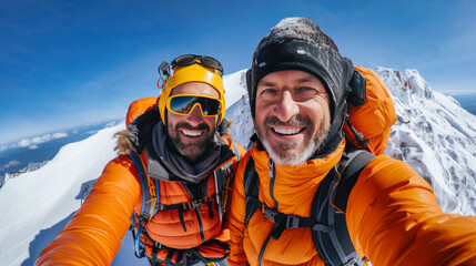 Two mountaineer smiling on a snowy mountain summit after climbing.