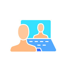 People communicate via video conference via laptop line icon. Technology, gaming, training, personal computer, internet. Vector color icon on a white background for business and advertising.