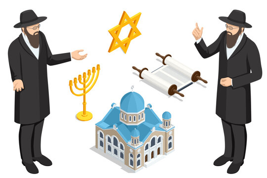 Hanukkah, Jewish festival. Isometric Judaism religious symbols of Jewish holidays. Hanukkah menorah, David Star, torah and dreidel, rabbi, synagogue, book