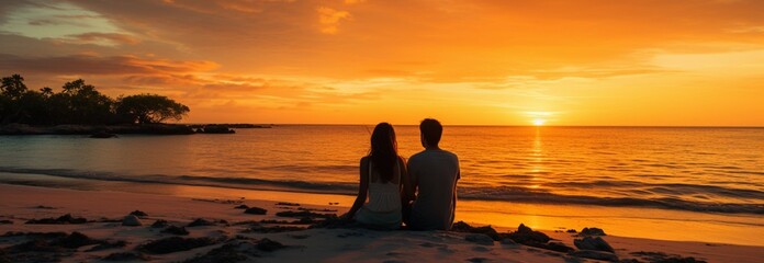 Sunset romance: Two adults hug on a tropical beach, enjoying evening tranquility